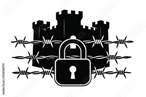 Secure fortress silhouette vector icon behind barbed wire fence and locked padlock symbol. Concept for border protection, prison security, restricted access, and defense.