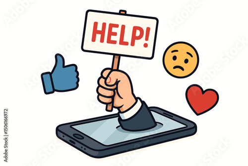 Seeking help online: Cartoon hand emerges from smartphone with HELP sign, illustrating digital distress, social media pressure, cyberbullying, or technology addiction vector.