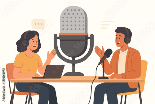 Engaging podcast conversation vector illustration featuring a male and female host or guests recording an episode, talking into microphones with headphones in a professional studio setup.