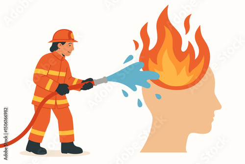 Firefighter spraying water on burning head illustration, metaphor for mental health, stress relief, burnout prevention, emotional control, psychological support vector graphic.