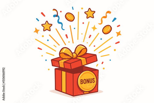 Vector Illustration of an Open Bonus Gift Box: Red present with yellow ribbon exploding with confetti, stars, and coins, symbolizing celebration, rewards, prizes, and surprises.