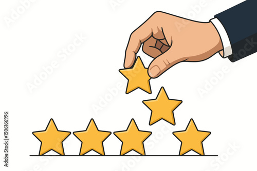 Five star quality rating vector graphic. Male hand adding the last golden star to achieve top score, symbolizing customer satisfaction, positive feedback, review, and excellence.