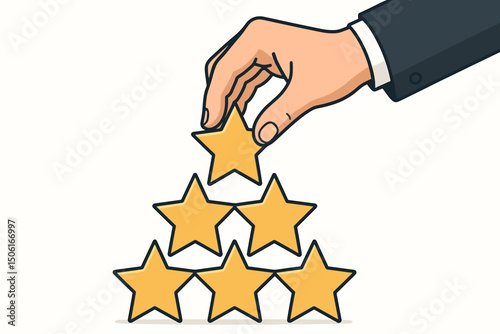 Hand in suit sleeve stacking yellow star icons to build a pyramid representing highest rating, customer satisfaction, positive feedback, success, achievement, excellence, and quality evaluation.