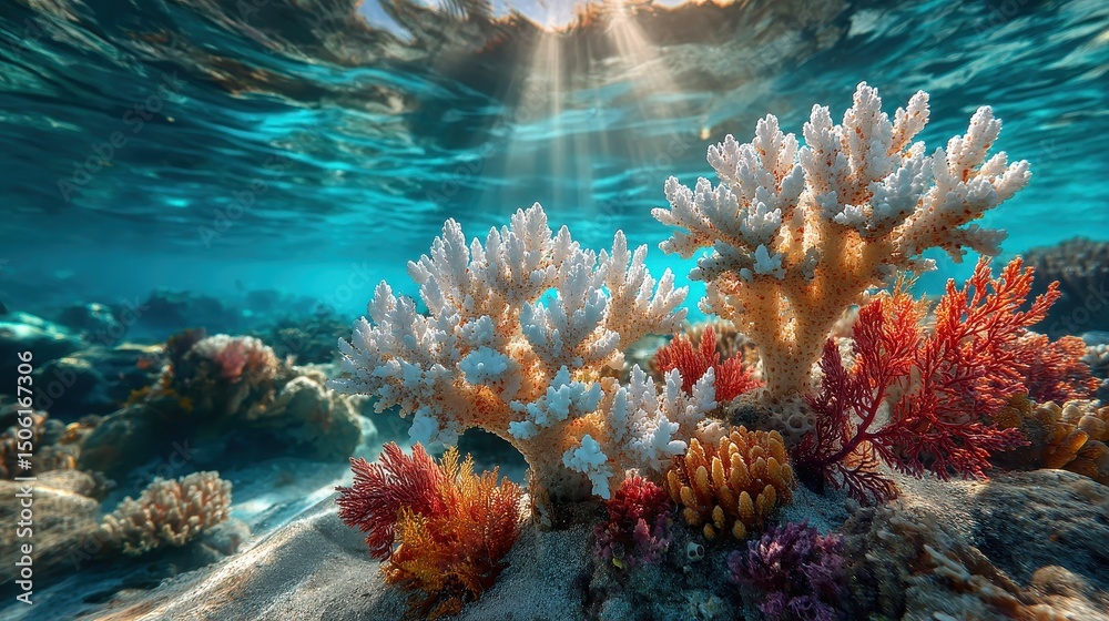 Obraz premium Global Warming Vibrant underwater scene showcasing coral with sunlight filtering through the water's surface.