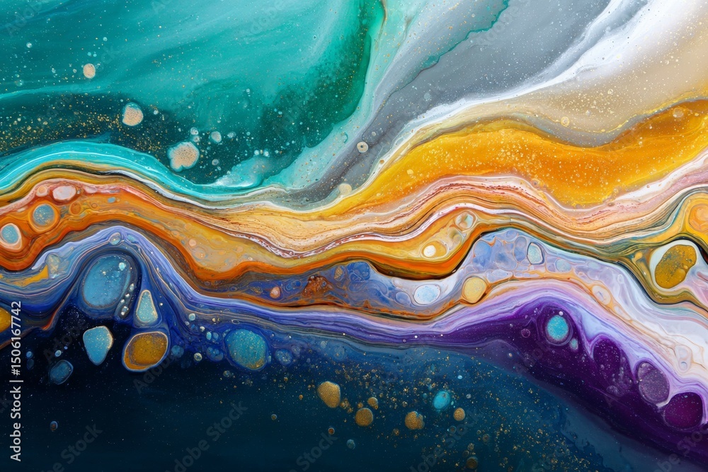 Vivid fluid art with colorful swirls and splashes of blue, orange, yellow, and purple Vivid fluid art with colorful swirls and splashes of blue, orange, yellow, and purple