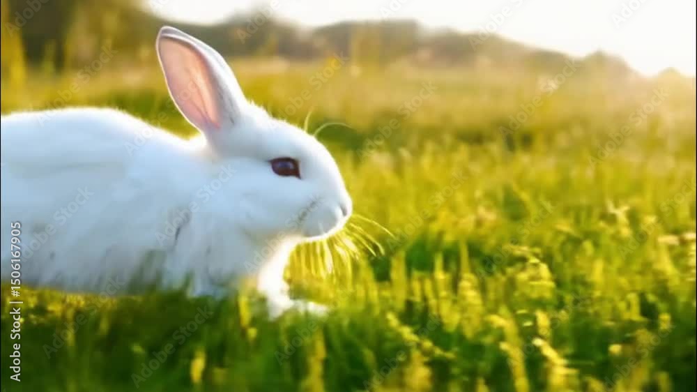 Capture a real white rabbit running on a vibrant green screen. Focus on smooth movements of its fur and legs, A closeup shot of a rabbit running on a green grass field