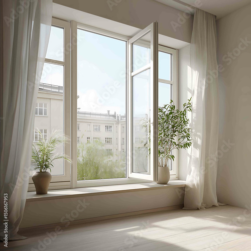 Open modern plastic windows in a cozy bright apartment White PVC frames doubleglazed wide open to let in fresh air Light curtains gently blowing in the breez
