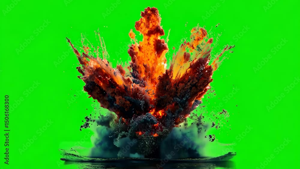 Massive fiery explosion with smoke on green screen for VFX