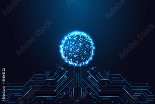 Artificial life and biotechnology concept with glowing polygonal digital cell or egg structure