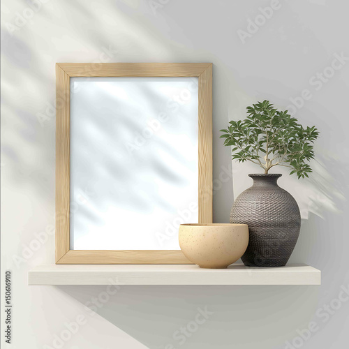 japandi kitchen featuring an mockup of an A3 sized oak frame The frame is empty and it has no border insert The frame is covered in clear glass covering the
