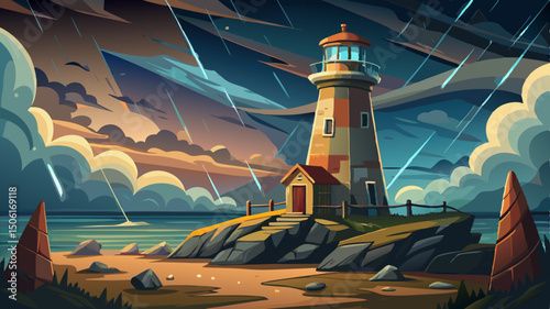 An old lighthouse, weathered by time, stands resilient as it glows warmly under stormy skies. Its beacon cuts through the gathering gloom, a symbol of hope and steadfast guidance.