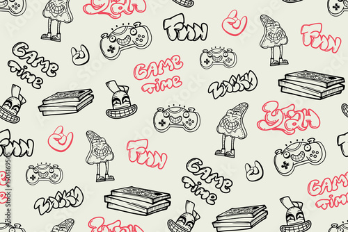 Doodle ornament with gaming teenagers elements. Monochrome print with gamepad, pizza, cartoon character, street art graffiti words. Lettering ornament for spot textile, wrapping paper.