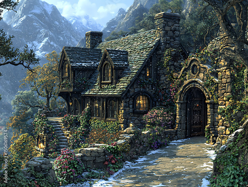 Enchanted stone cottage nestled in a snowy mountain landscape.  A whimsical, fairytalelike scene perfect for fantasy, holiday, or travel themes.  Evokes feelings of warmth, peace, and escape. photo