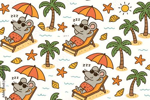 Cute cartoon mice sunbathing on beach chairs under umbrellas seamless pattern with palm trees, starfish and tropical summer vacation elements
