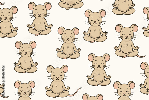 Adorable cartoon mice practicing yoga meditation in lotus pose seamless vector pattern design for wellness mindfulness zen peaceful decorative background illustration