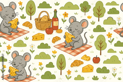 Cute cartoon mice enjoying picnic with cheese on checkered blankets seamless pattern vector illustration with trees flowers and nature elements