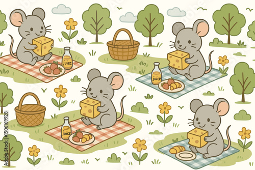 Kawaii mice outdoor picnic seamless repeat pattern with cheese blocks, juice bottles, wicker baskets, checkered blankets in adorable cartoon vector illustration