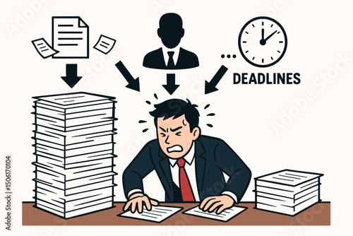 Overwhelmed stressed businessman drowning in paperwork deadlines and work pressure - office anxiety and workplace stress vector illustration concept