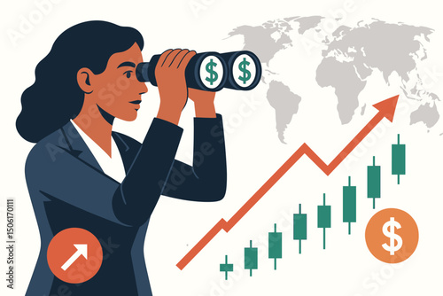 Professional businesswoman using binoculars with dollar signs searching for global investment opportunities and financial growth with rising market charts
