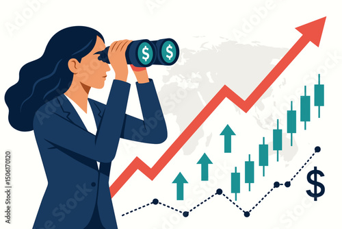 Confident businesswoman investor using binoculars with dollar symbols analyzing upward financial market trends and forecasting profitable investment opportunities