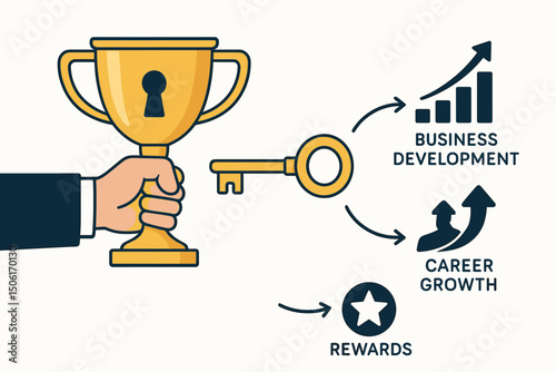 Success key unlocking golden trophy achievement with business development growth chart and career advancement rewards vector concept