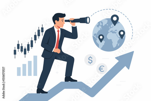 Professional businessman using telescope to discover global investment opportunities on rising success arrow with world map location pins and financial charts