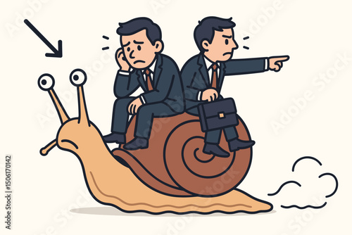 Two businessmen riding giant snail cartoon vector illustration metaphor for slow business progress, patience versus frustration in entrepreneurship and corporate growth