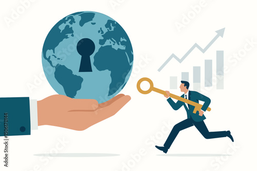 Hand holding Earth with keyhole while businessman runs with golden key - global market unlock, international business growth and expansion concept