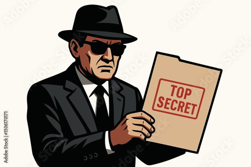 Mysterious secret agent in black suit and sunglasses holding top secret confidential documents folder - vintage spy vector illustration