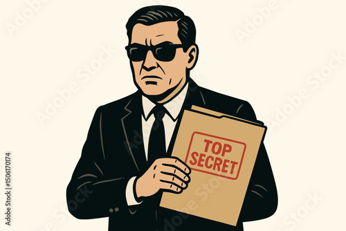 Mysterious secret agent spy character in black suit and sunglasses holding top secret confidential classified document folder retro vector art