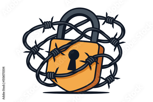 Orange padlock secured with sharp twisted barbed wire - cybersecurity protection barrier restriction symbol vector illustration for privacy access control security design