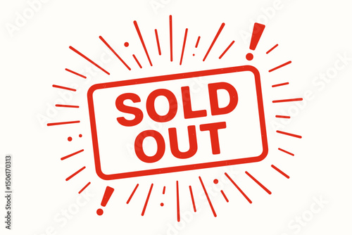Red Sold Out Stamp Badge with Radiating Burst Lines - Commercial Alert Label for Retail Marketing and Business Promotions Vector Graphic Design