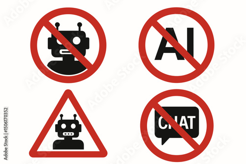 AI Artificial Intelligence Prohibition Warning Signs Collection - Red Circular Restriction Symbols with Crossed Out Robot Chatbot Icons Vector Graphics Set