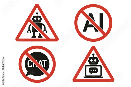Collection of red prohibition and warning signs for artificial intelligence restrictions - no AI, no robots, no chatbots vector symbols set