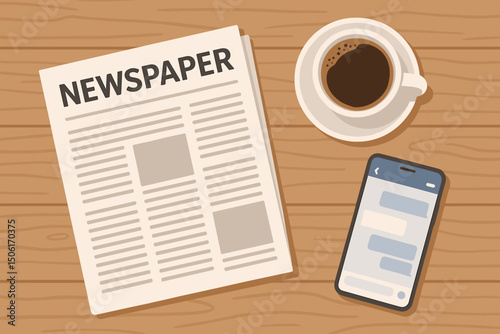 Morning breakfast essentials flat vector illustration with folded newspaper, steaming coffee cup and modern smartphone on rustic wooden table background
