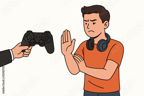 Young man refusing gaming controller with stop gesture, rejecting video game addiction and digital temptation for healthy lifestyle vector illustration