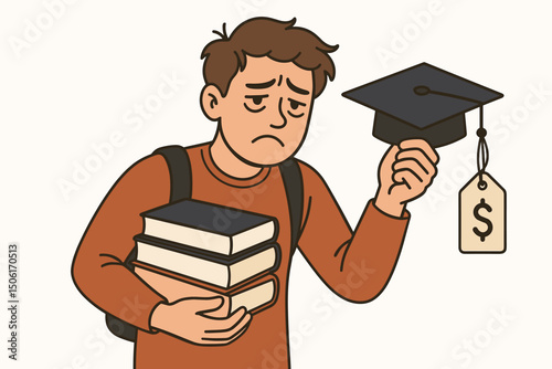 Young college student holding textbooks and graduation cap with dollar price tag representing high education costs and student loan debt crisis