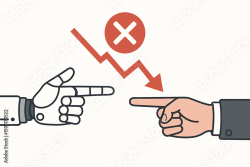 Business conflict between human and AI robot hands pointing with red declining arrow error symbol vector illustration representing artificial intelligence planning failure