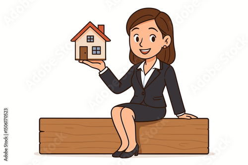 Professional female real estate agent holding house model, smiling businesswoman realtor vector illustration for property sales and housing market concepts