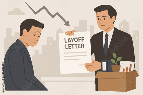Corporate layoff scene with HR manager giving termination letter to devastated employee packing office belongings in cardboard box