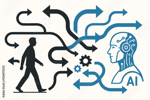 Business automation concept vector with human and AI collaboration, workflow arrows, mechanical gears and digital technology integration process
