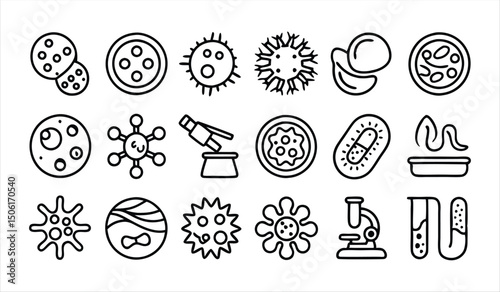 set of  outline icons related to microbiology  l