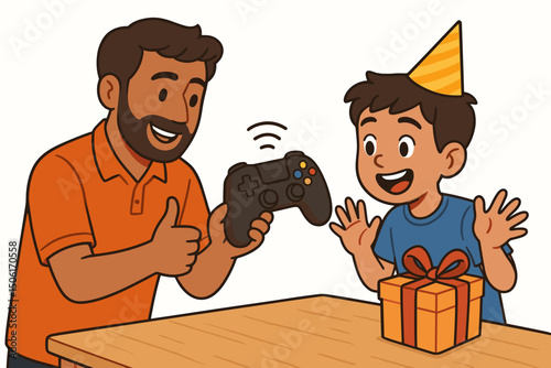 Excited father presenting wireless gaming controller as birthday surprise gift to happy son in party hat - family celebration vector illustration