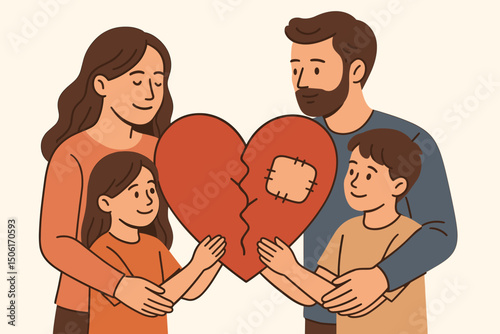 Family of four healing broken heart together with bandage patch symbolizing reconciliation love unity mending relationships after conflict resolution emotional support