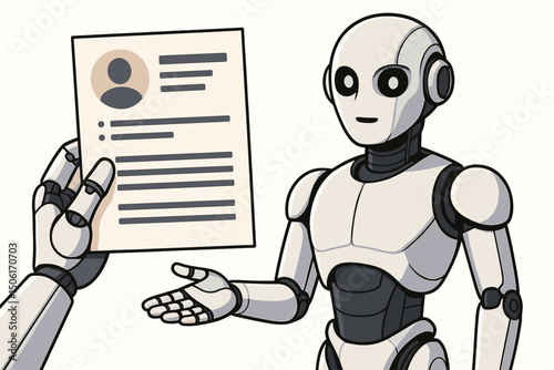 Professional white robot cyborg android presenting job application resume CV document for AI automation recruitment hiring business technology concept vector illustration