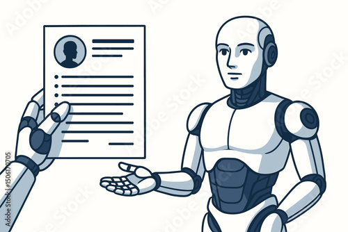 Modern AI robot android cyborg reviewing job application resume CV document in professional recruitment hiring business technology automation concept