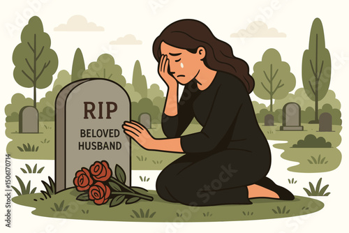 Emotional widow woman grieving at husband's memorial grave with red roses in peaceful cemetery garden vector illustration for sympathy condolence and bereavement concepts