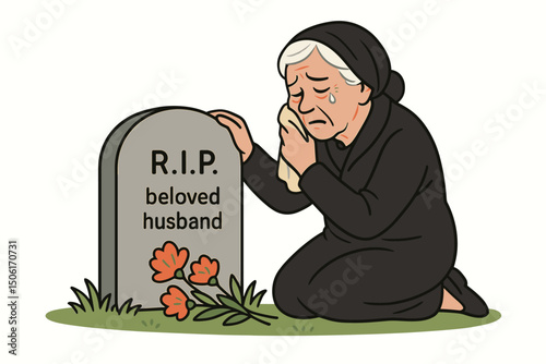 Grieving elderly widow in black mourning dress kneeling beside husband's gravestone with orange flowers, emotional memorial scene vector illustration