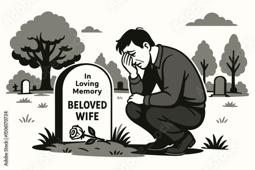 Sorrowful husband mourning at wife's grave in tranquil cemetery - heartfelt memorial remembrance scene with tombstone and trees vector art