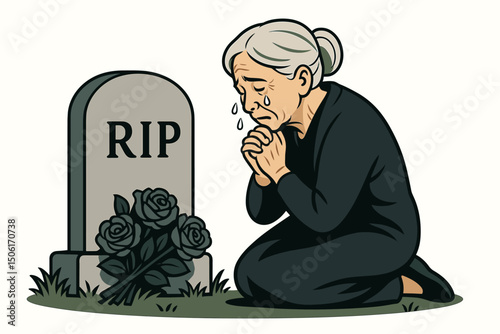 Grieving elderly woman in black mourning clothes kneeling at gravestone with RIP inscription, crying and praying at cemetery memorial with dark roses